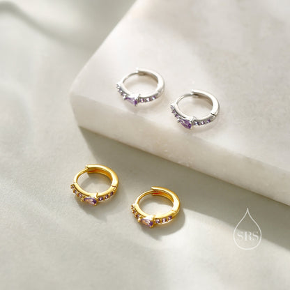 Dainty Purple CZ Huggie Hoop Earrings in Sterling Silver with Pear CZ, Silver or Gold, Droplet CZ Hoops