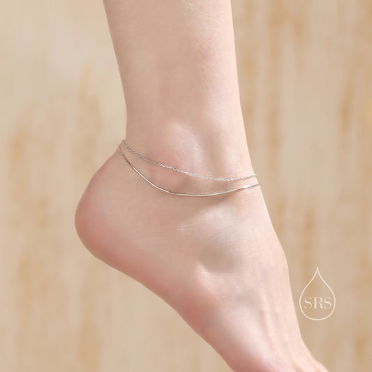Sterling Silver Double Layer Anklet, Silver or Gold, Two Layer Anklet, Silver Anklet