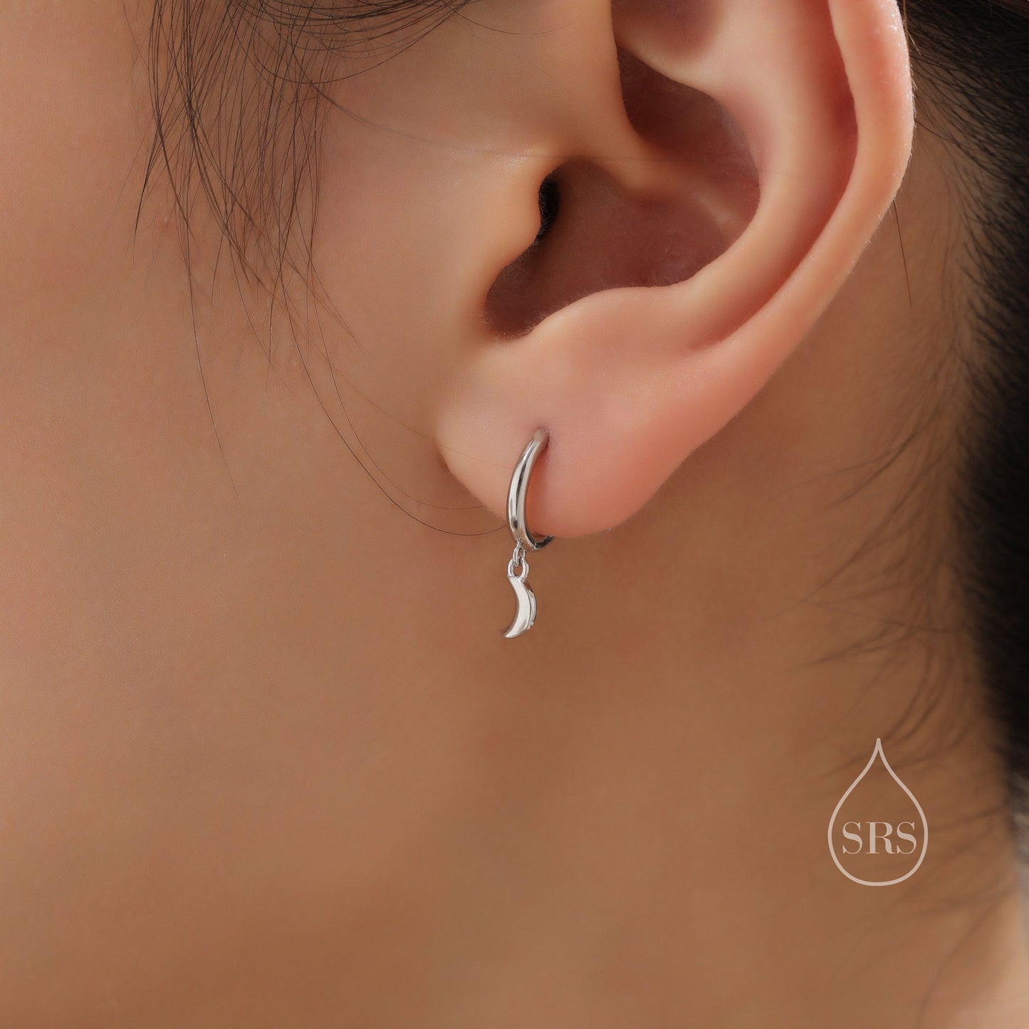 Asymmetric Moon and Star Dangle Huggie Hoop Earrings in Sterling Silver, Silver or Gold or Rose Gold, Tiny Moon and Star Skinny Hoops