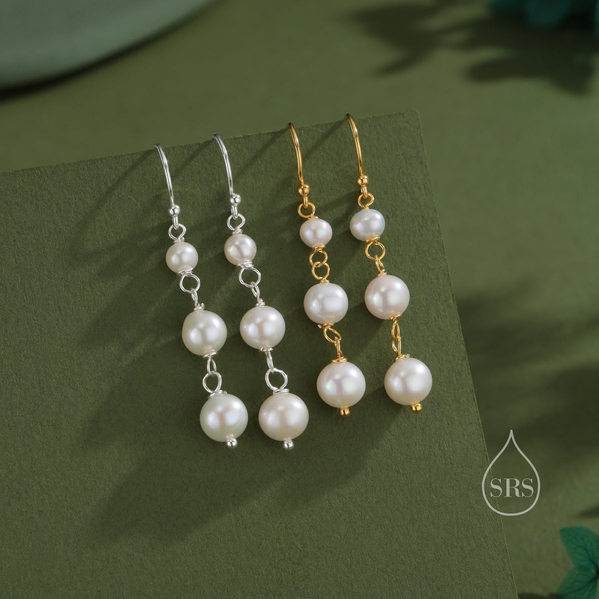 Natural Pearl Trio Drop Hook Earrings in Sterling Silver, Silver or Gold, Irregular Shape Pearl Drop Earrings, Natural Freshwater Pearls