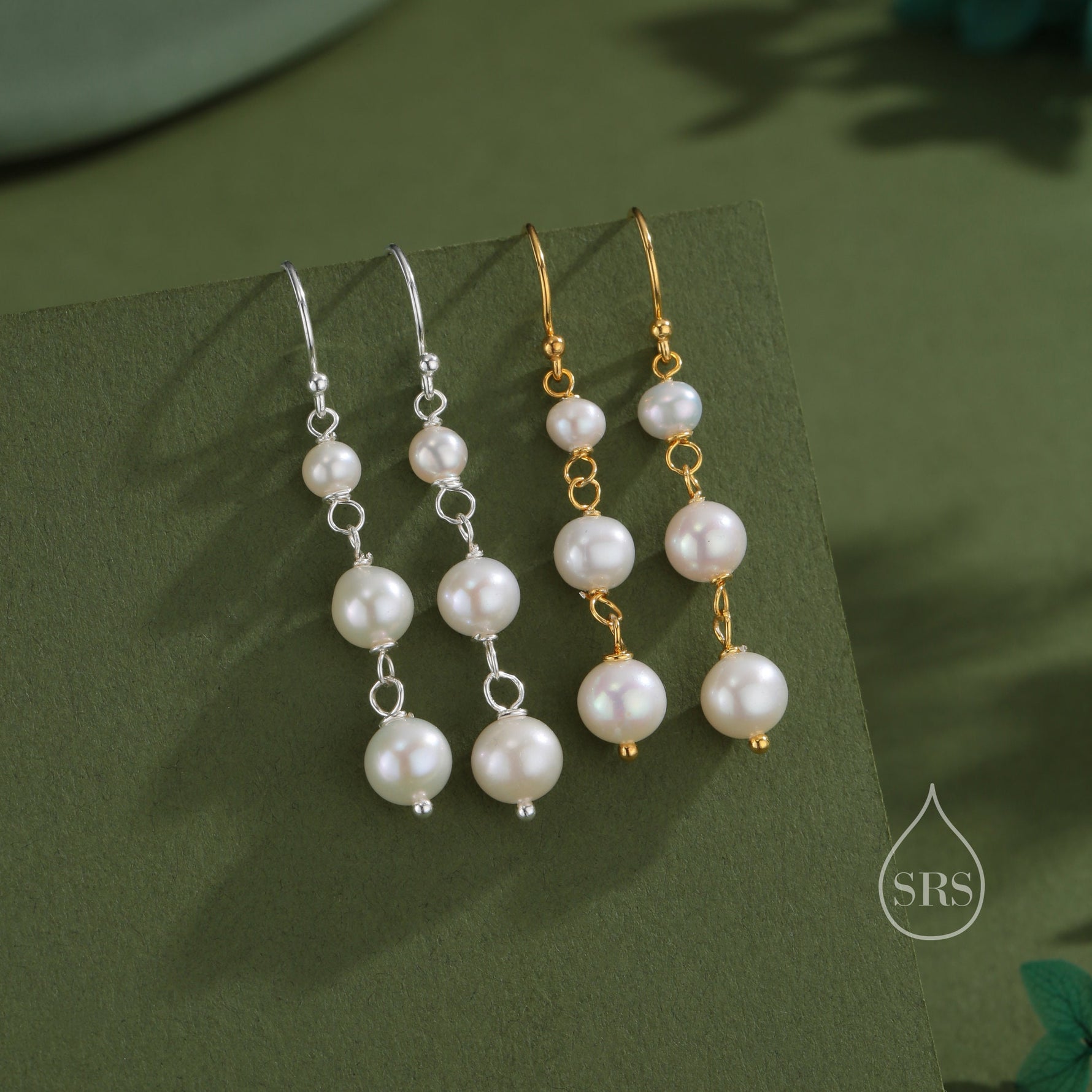 Natural Pearl Trio Drop Hook Earrings in Sterling Silver, Silver or Gold, Irregular Shape Pearl Drop Earrings, Natural Freshwater Pearls