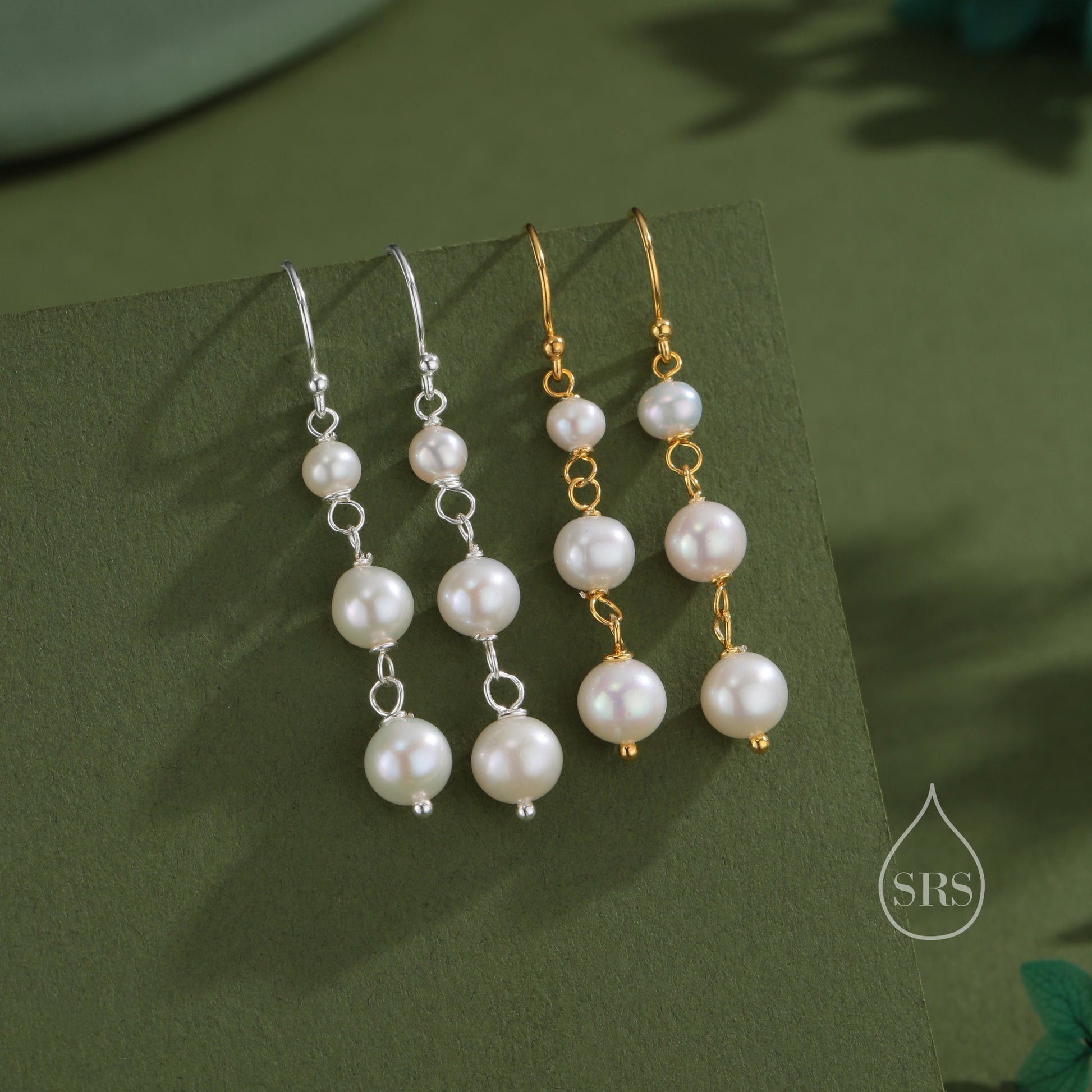 Natural Pearl Trio Drop Hook Earrings in Sterling Silver, Silver or Gold, Irregular Shape Pearl Drop Earrings, Natural Freshwater Pearls