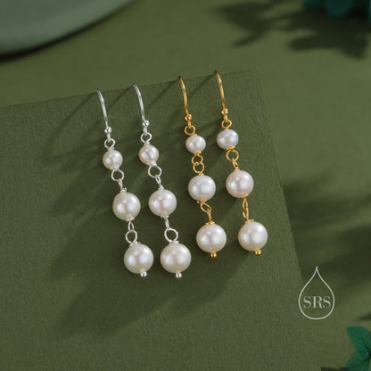 Natural Pearl Trio Drop Hook Earrings in Sterling Silver, Silver or Gold, Irregular Shape Pearl Drop Earrings, Natural Freshwater Pearls