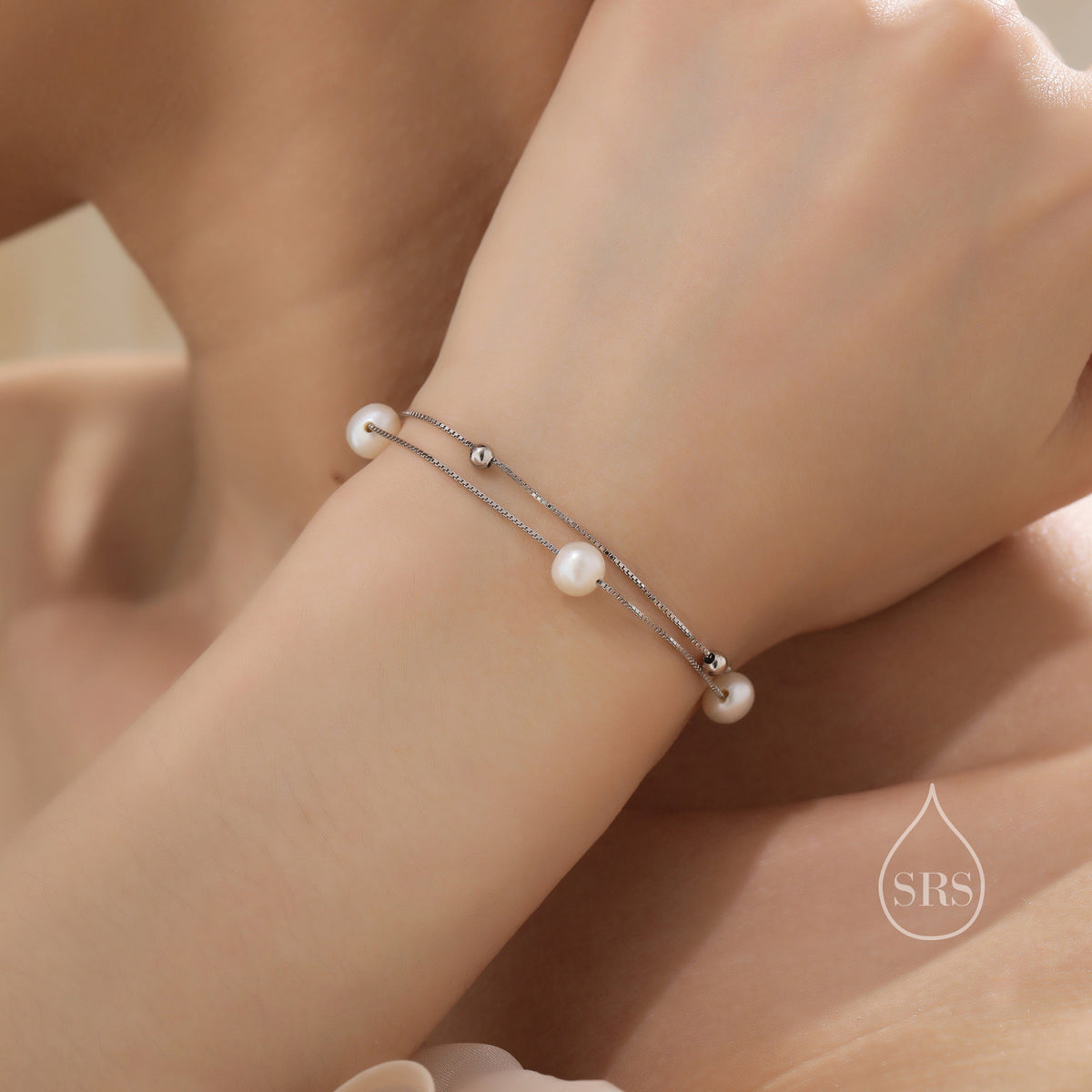 Sterling Silver Delicate Pearl and Silver Ball Beaded Bracelet, Double Layer, Silver or Gold, Real Freshwater Pearls, Natural Pearl Bracelet