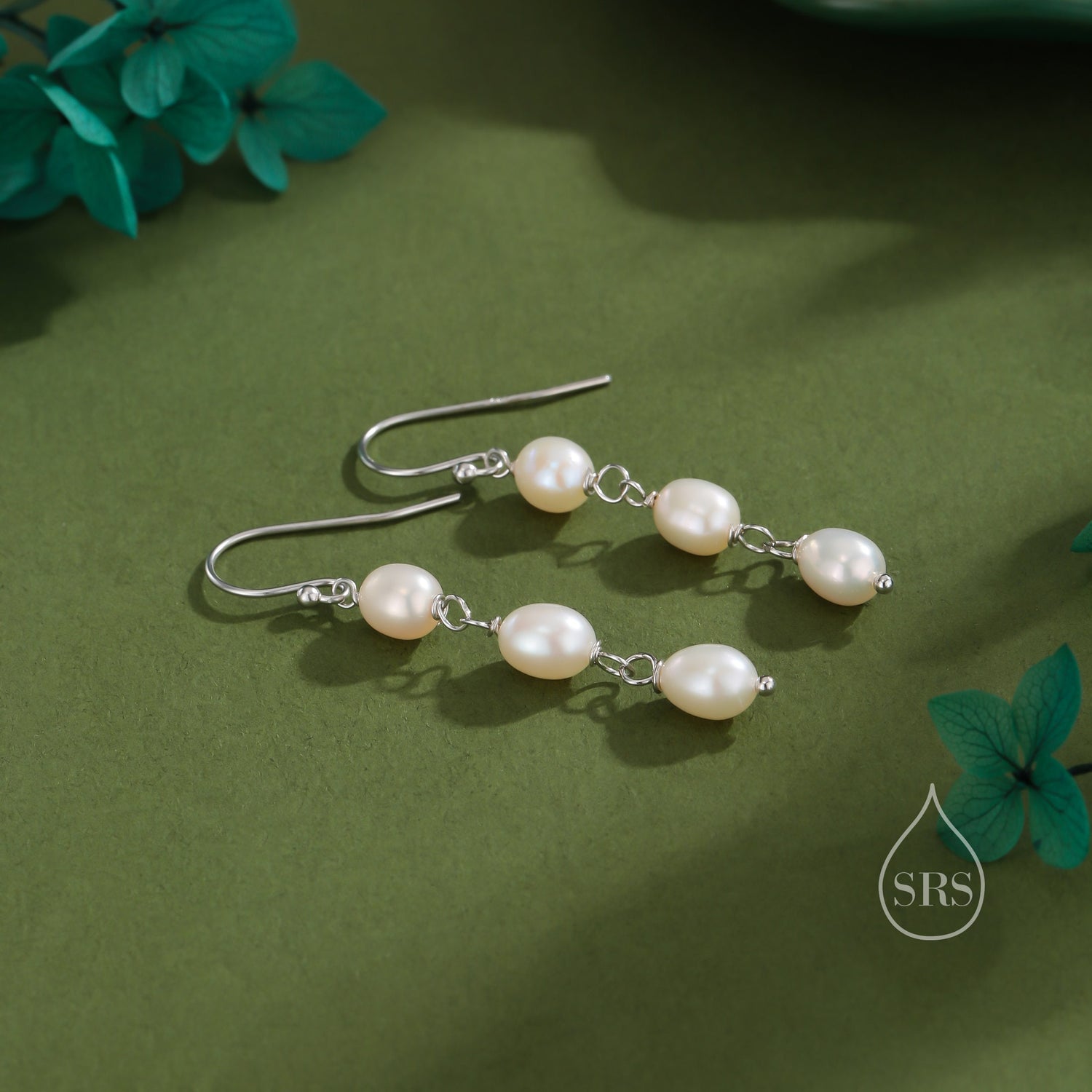 Oval Pearl Trio Drop Hook Earrings in Sterling Silver, Silver or Gold, Irregular Shape Pearl Drop Earrings, Natural Freshwater Pearls