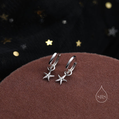 Starfish Huggie Hoop Earrings in Sterling Silver, Sea Star Huggie Hoops, Silver or Gold or Rose Gold,  Detachable Star Fish Hoops