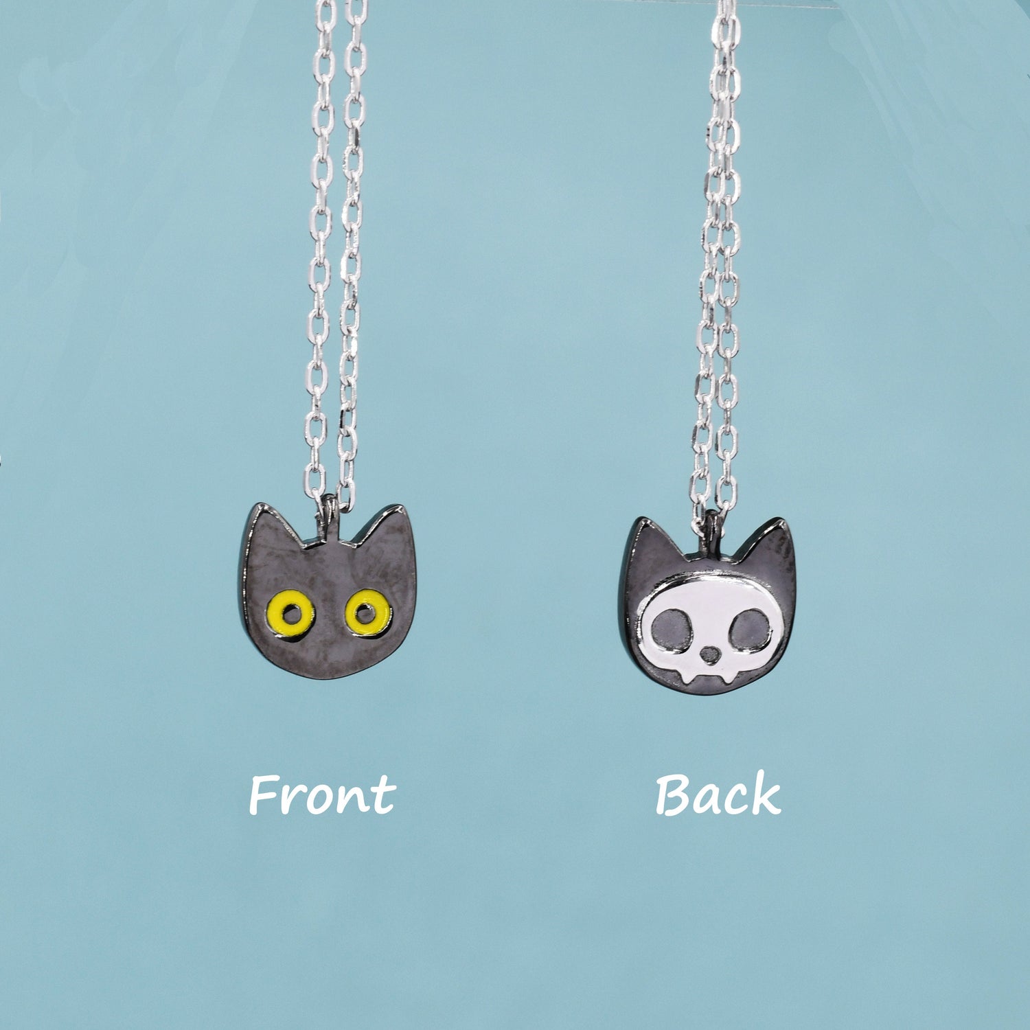 Schrodinger‘s Cat Double Sided Pendant Necklace in Sterling Silver, Black Rhodium Coated Cat Necklace, Black Cat Pendant Necklace