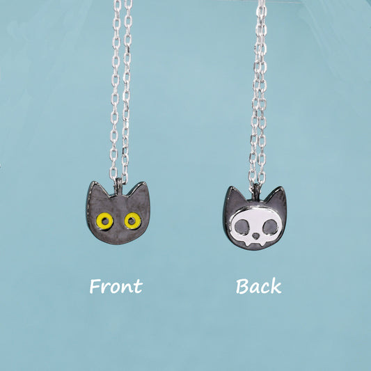 Schrodinger&#39;s Cat Double Sided Pendant Necklace in Sterling Silver, Black Rhodium Coated Cat Necklace, Black Cat Pendant Necklace