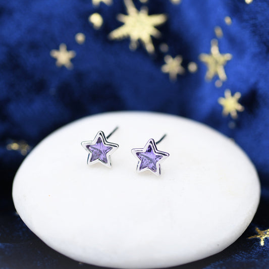 Amethyst Purple CZ Star Stud Earrings in Sterling Silver, Silver or Gold, Sparkly Crystal Star Earrings, Stacking Earrings