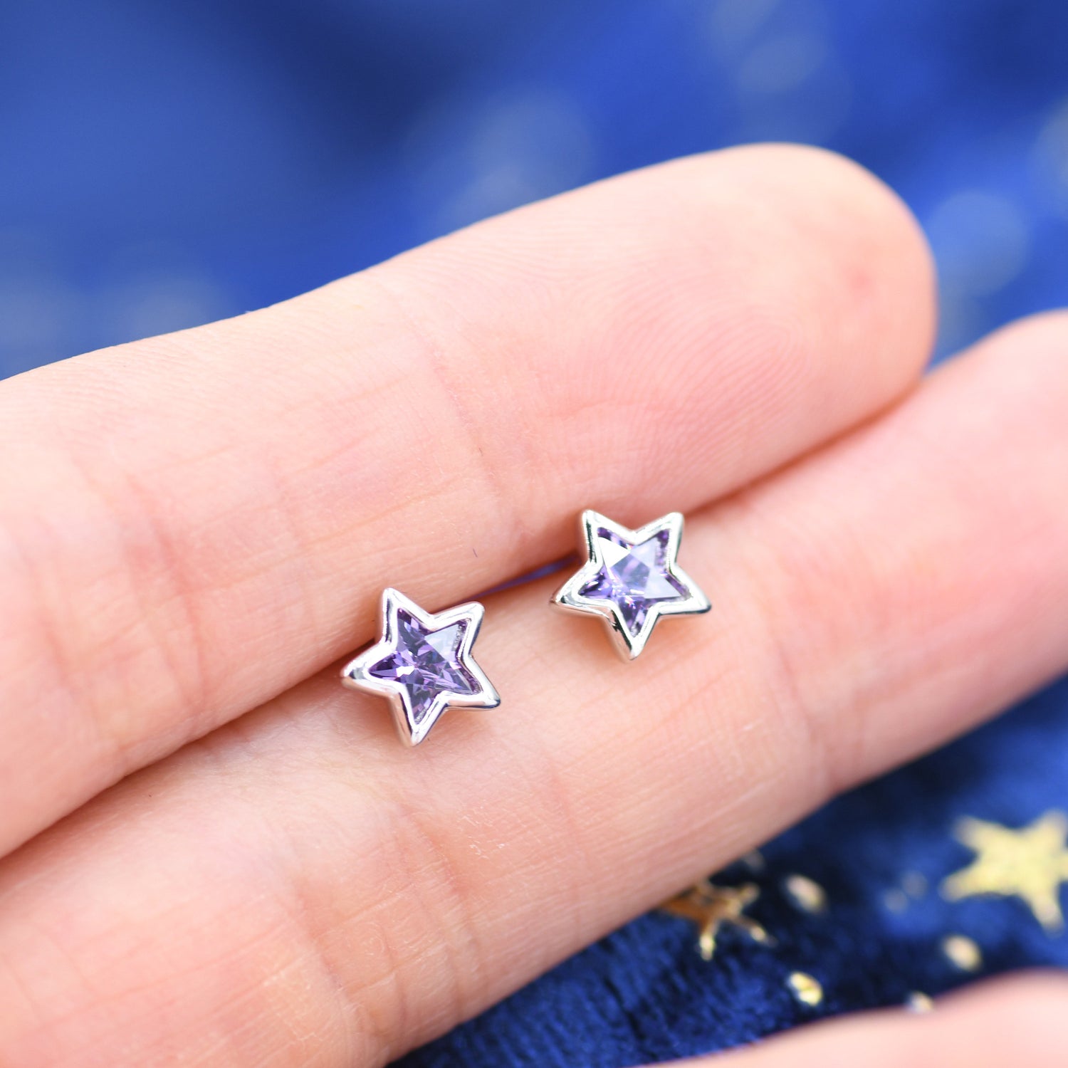 Amethyst Purple CZ Star Stud Earrings in Sterling Silver, Silver or Gold, Sparkly Crystal Star Earrings, Stacking Earrings
