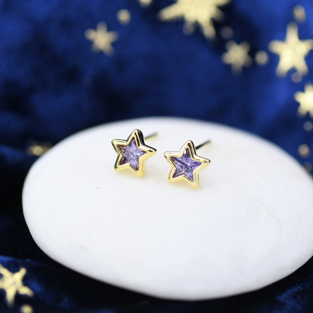 Amethyst Purple CZ Star Stud Earrings in Sterling Silver, Silver or Gold, Sparkly Crystal Star Earrings, Stacking Earrings