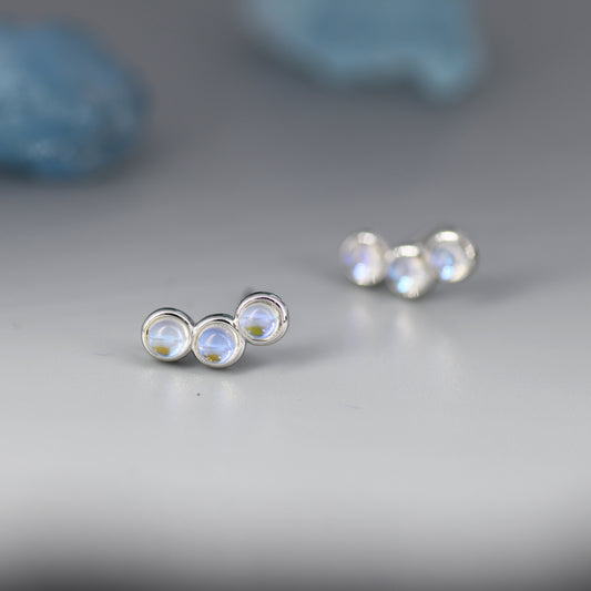 Sterling Silver Moonstone Trio Stud Earrings, Three Moonstone Earrings, Mermaid Colour Earrings, Simulated Moonstone Glass Earrings