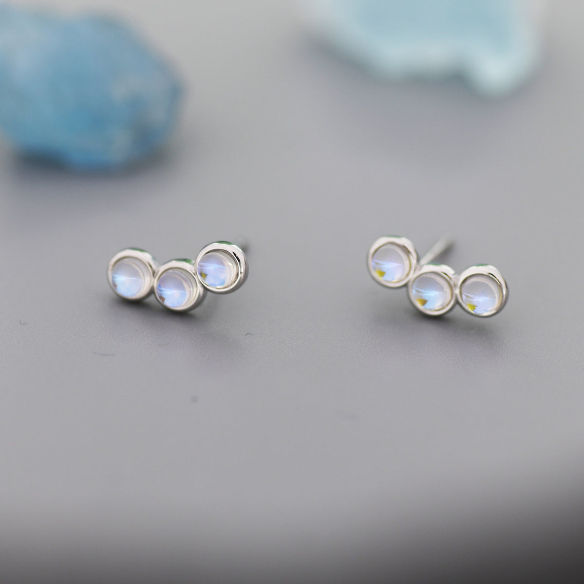 Sterling Silver Moonstone Trio Stud Earrings, Three Moonstone Earrings, Mermaid Colour Earrings, Simulated Moonstone Glass Earrings