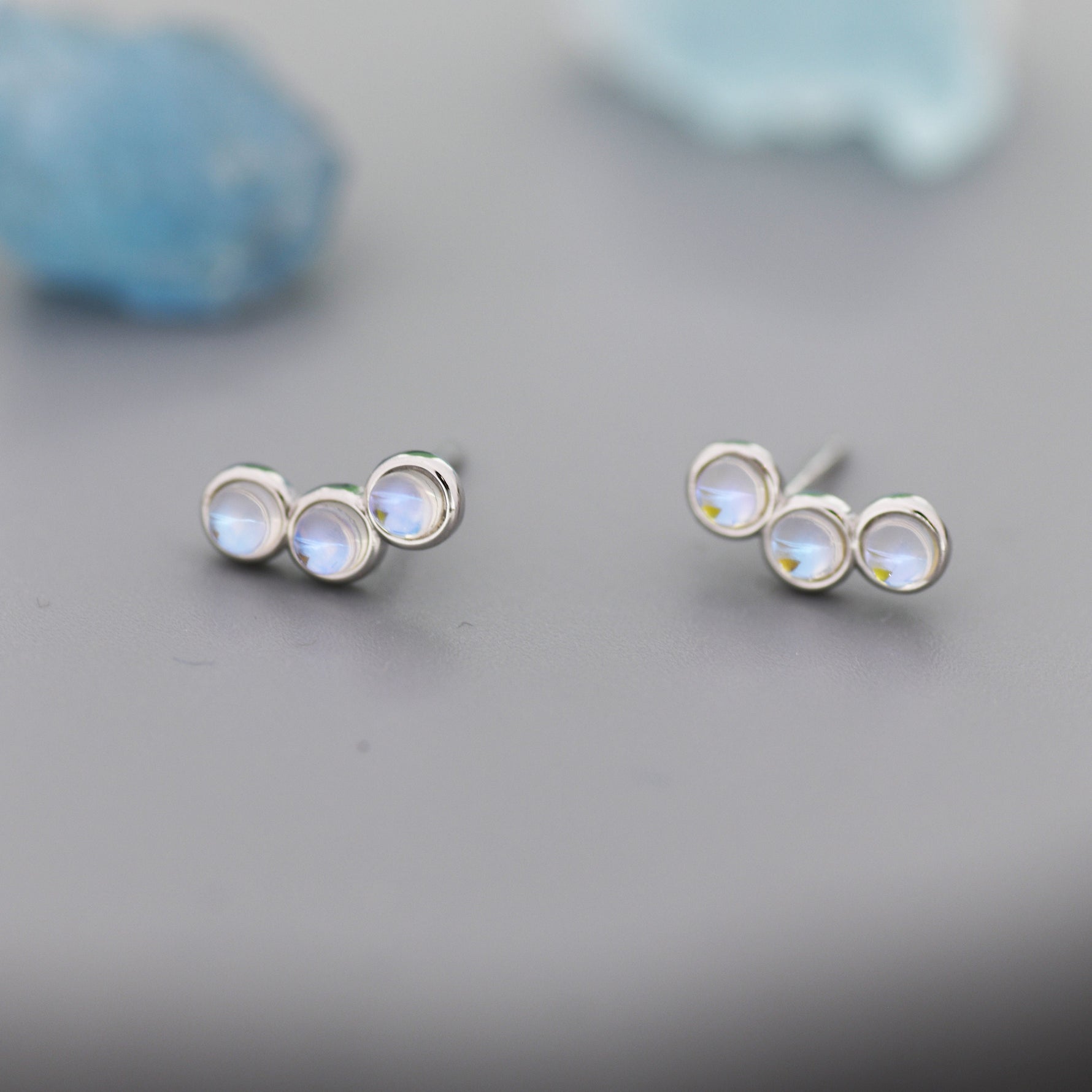 Sterling Silver Moonstone Trio Stud Earrings, Three Moonstone Earrings, Mermaid Colour Earrings, Simulated Moonstone Glass Earrings