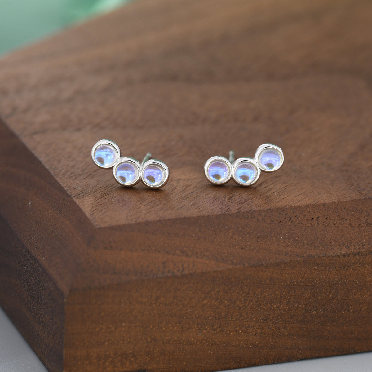 Sterling Silver Moonstone Trio Stud Earrings, Three Moonstone Earrings, Mermaid Colour Earrings, Simulated Moonstone Glass Earrings