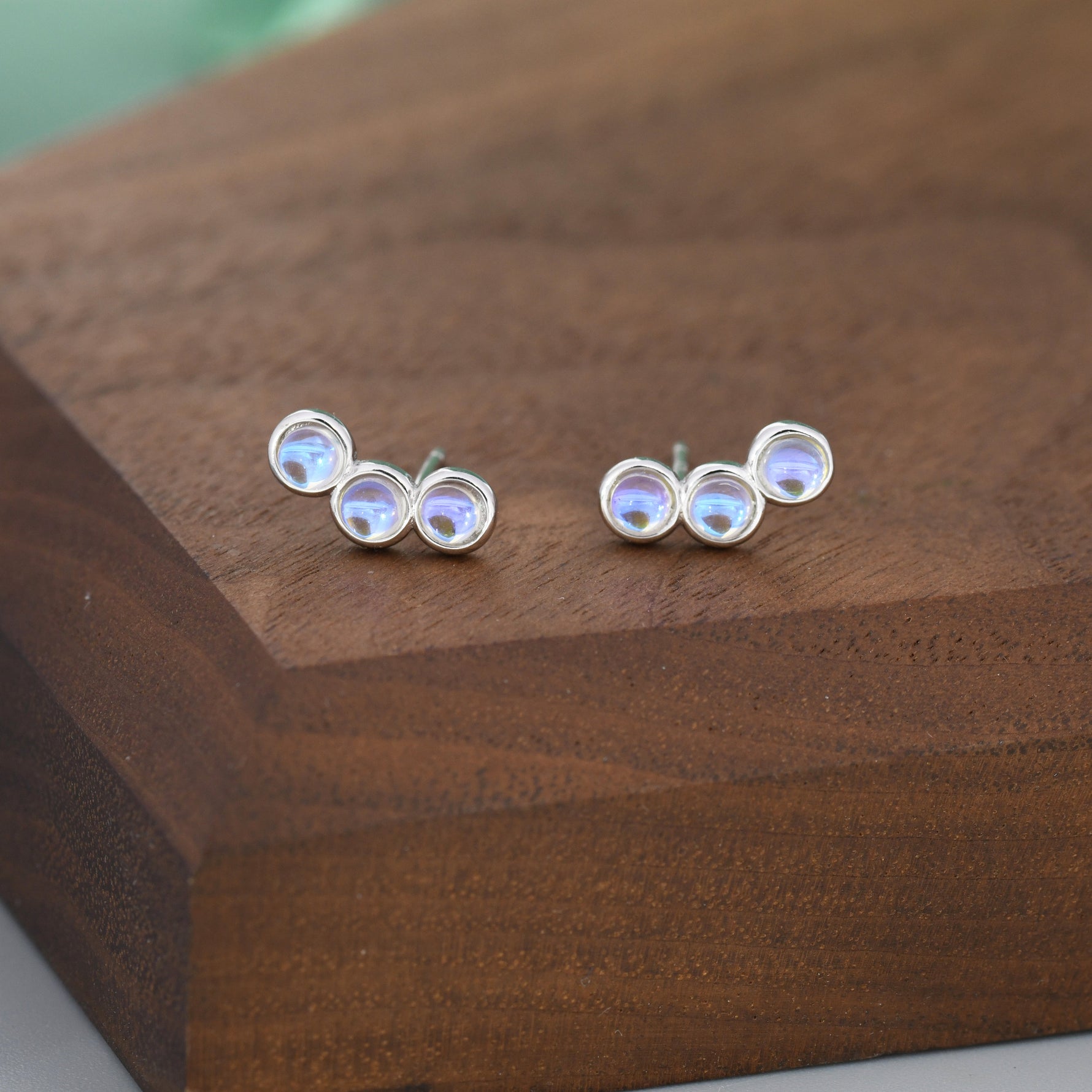 Sterling Silver Moonstone Trio Stud Earrings, Three Moonstone Earrings, Mermaid Colour Earrings, Simulated Moonstone Glass Earrings