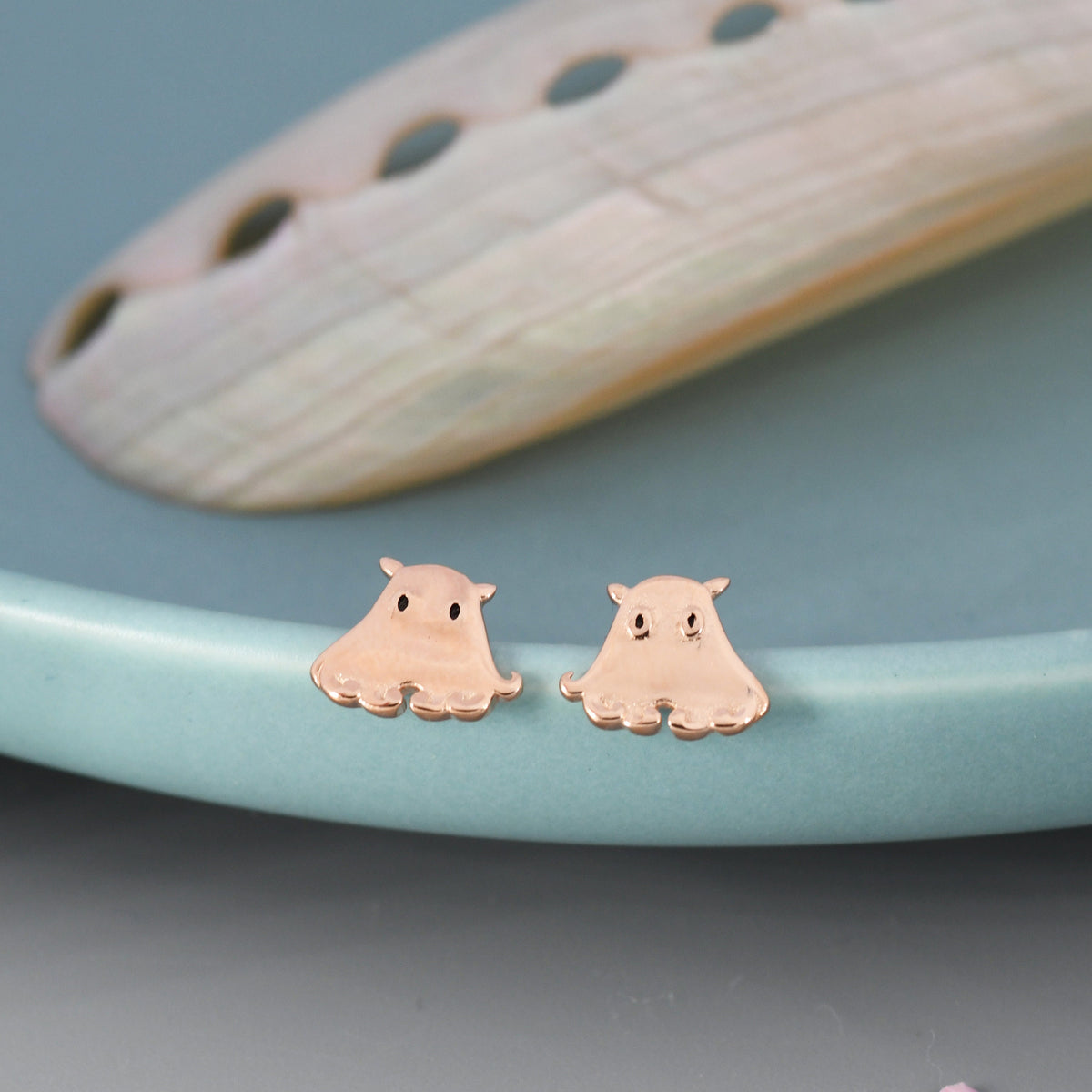 Umbrella Octopus Stud Earrings in Sterling Silver, Silver or Rose Gold, Ocean Animal Earrings, Nature Inspired