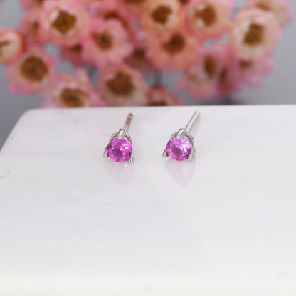 Ruby Pink CZ Tiny Stud Earrings in Sterling Silver, Silver or Gold, 3mm, Three Prong, Pink Stacking Earrings, July Birthstone