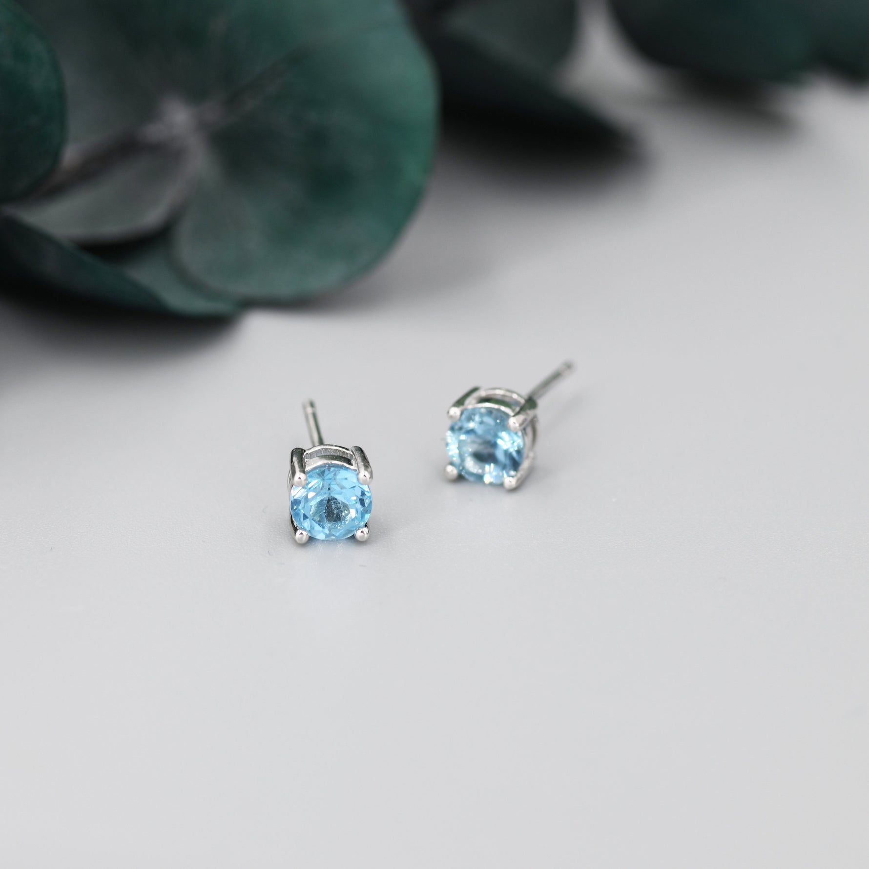 Sterling Silver Natural Topaz Stud Earrings, 5mm Prong Set, Genuine Blue Topaz Gemstone Stud, Minimalist Style,