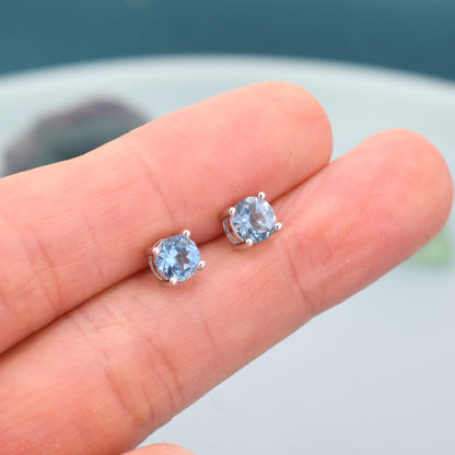 Sterling Silver Natural Topaz Stud Earrings, 5mm Prong Set, Genuine Blue Topaz Gemstone Stud, Minimalist Style,