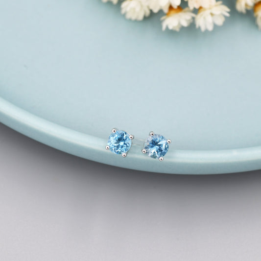 Sterling Silver Natural Topaz Stud Earrings, 5mm Prong Set, Genuine Blue Topaz Gemstone Stud, Minimalist Style,
