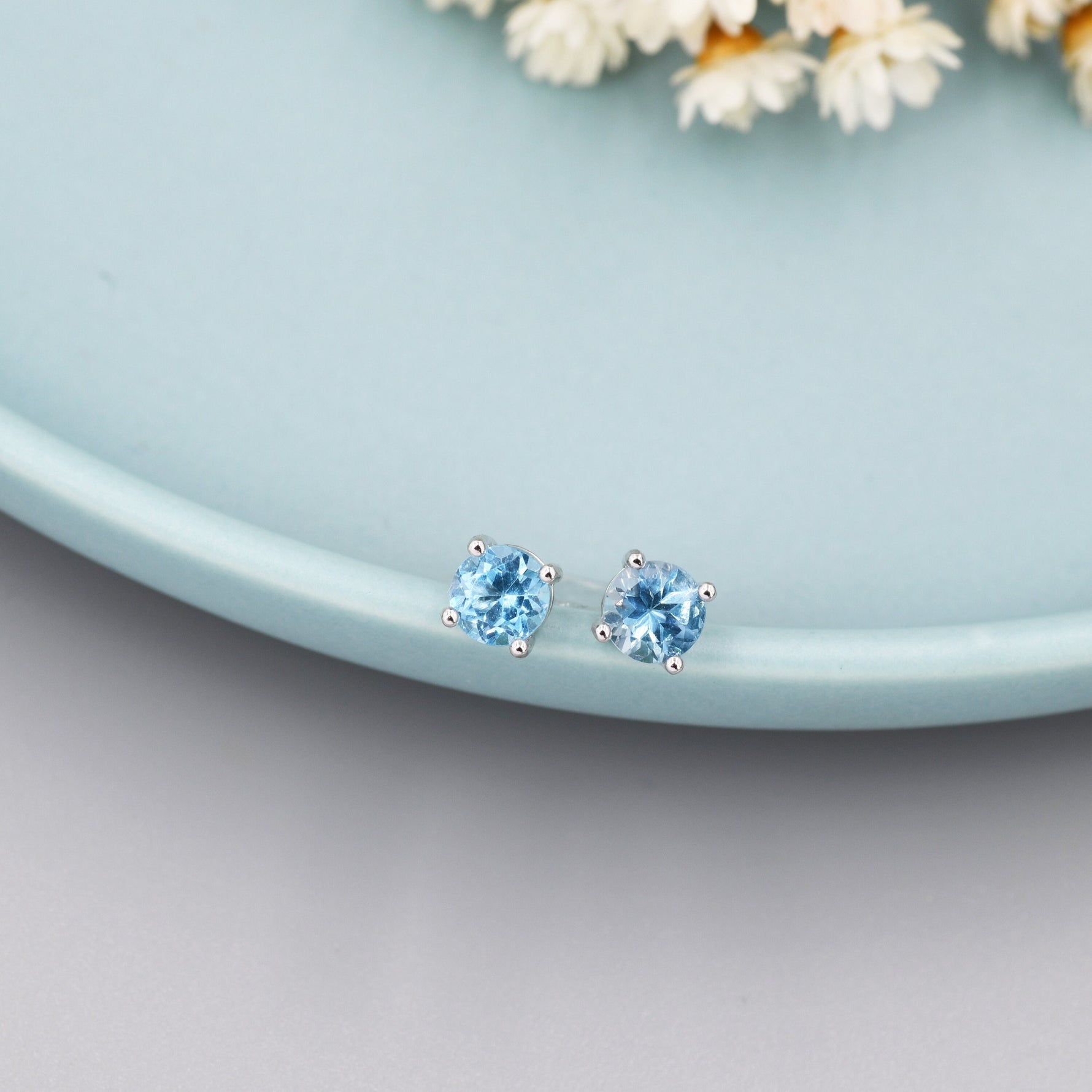 Extra Tiny 3mm Natural Swiss Blue Topaz Stud Earrings in Sterling Silver, Four Prong Set, Genuine Blue Topaz Gemstone Stud, Minimalist Style