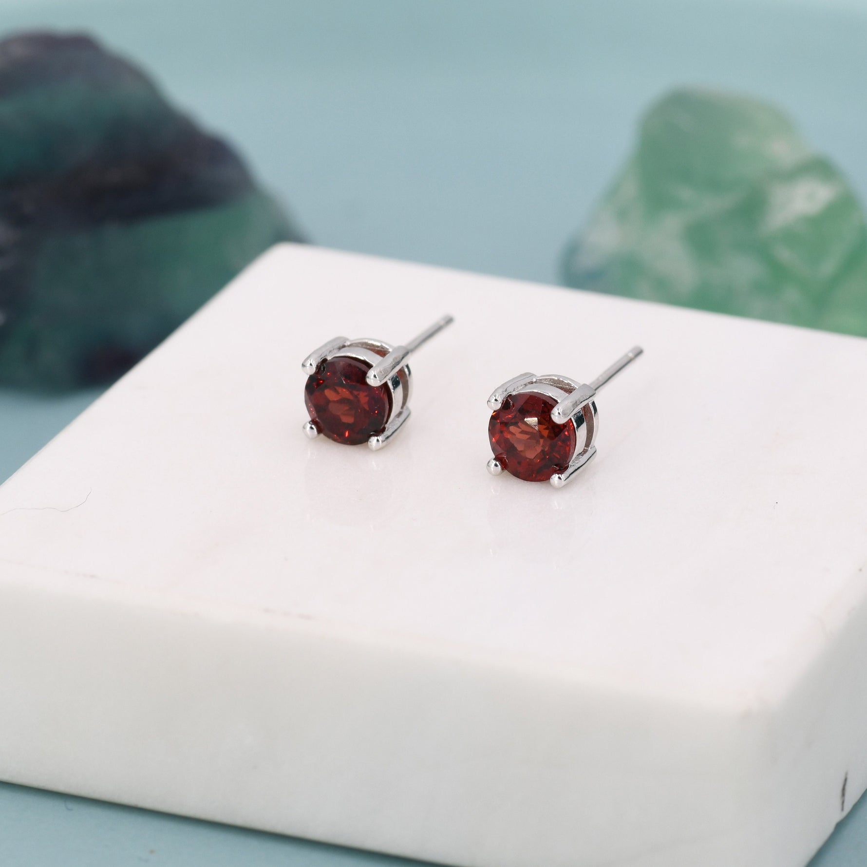 Sterling Silver Natural Garnet Stud Earrings, 5mm Prong Set, Genuine Garnet Gemstone Stud, Minimalist Style, January Birthstone