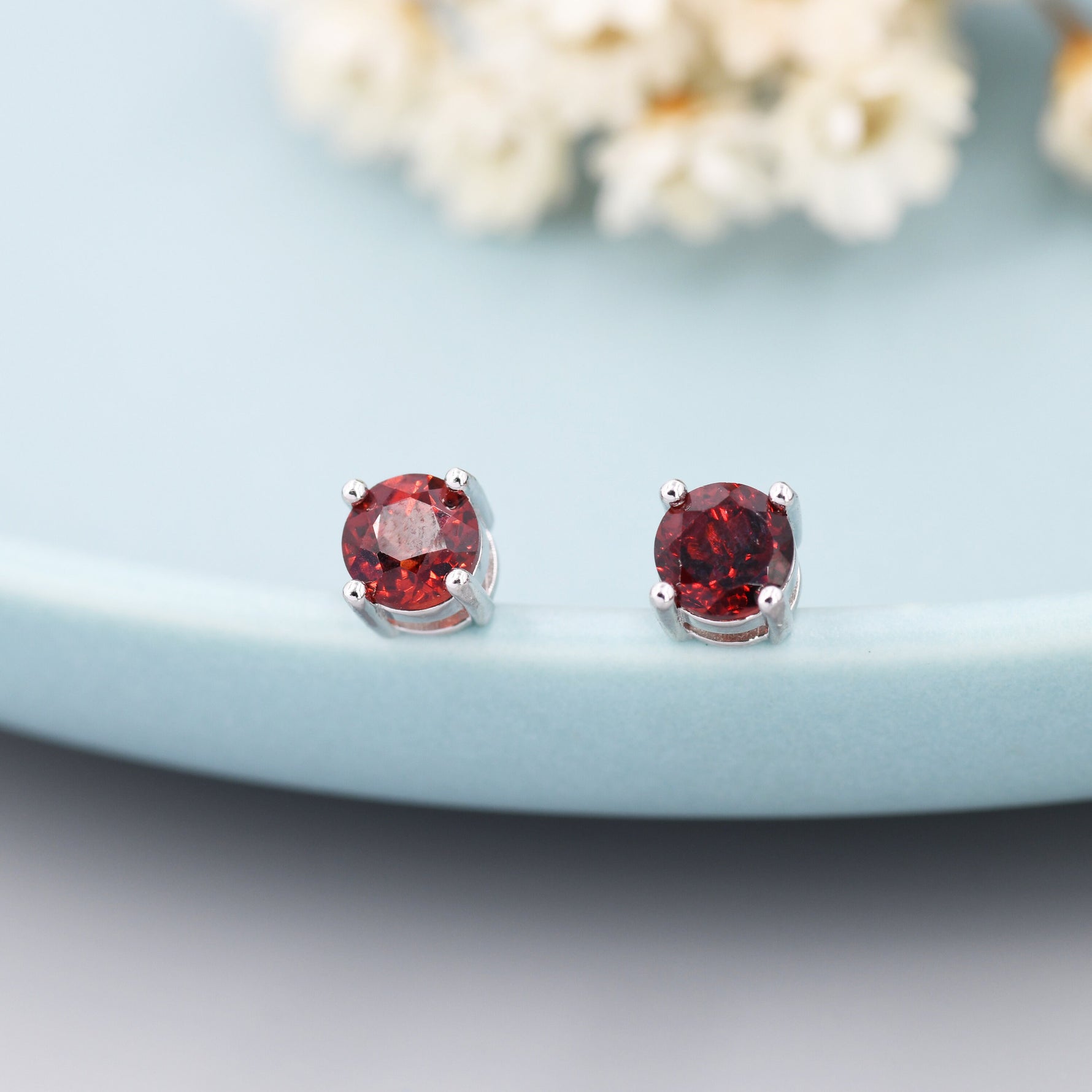 Sterling Silver Natural Garnet Stud Earrings, 5mm Prong Set, Genuine Garnet Gemstone Stud, Minimalist Style, January Birthstone