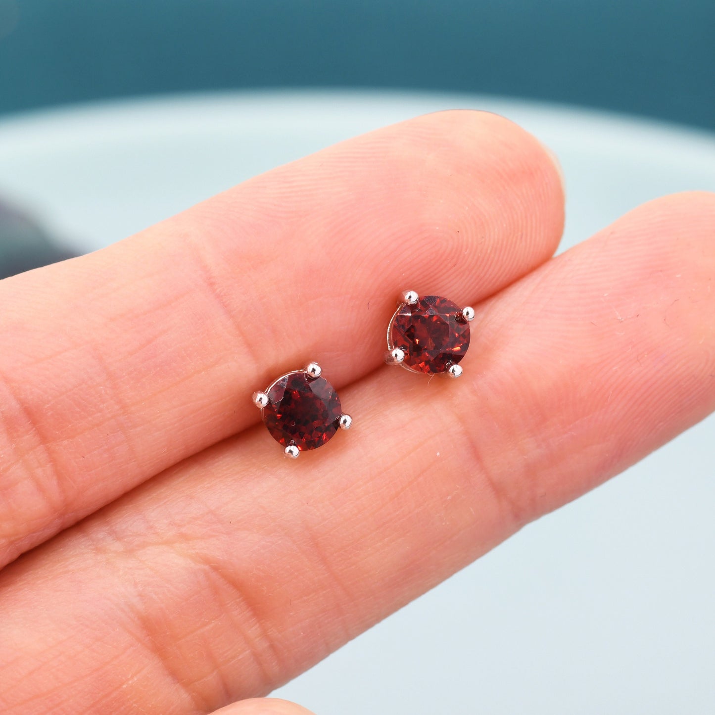 Sterling Silver Natural  Garnet Stud Earrings, 5mm Prong Set, Genuine Garnet Gemstone Stud, Minimalist Style, January Birthstone