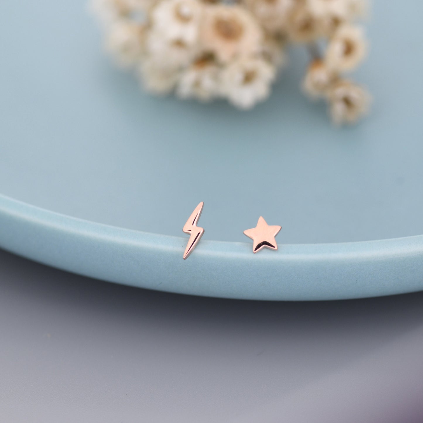 Mismatched Tiny Star and Lightning Bolt Stud Earrings in Sterling Silver, Asymmetric Extra Small Star and Lightning Bolt Fun Earrings