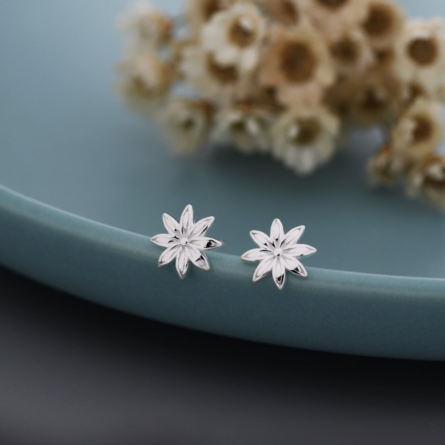 Star Anise Stud Earrings in Sterling Silver, Silver or Gold, Flower Earrings