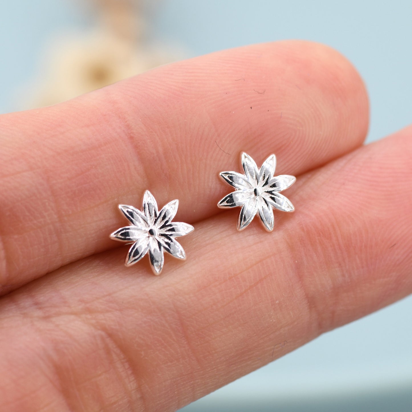 Star Anise Stud Earrings in Sterling Silver, Silver or Gold, Flower Earrings