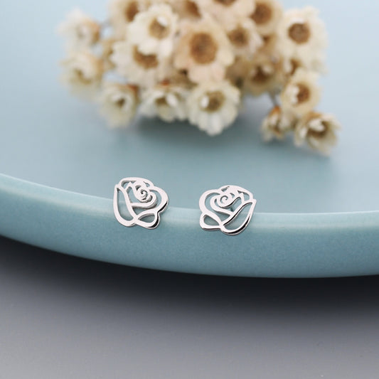 Cut-out Rose Flower Stud Earrings in Sterling Silver, Silver or Gold, Rose Earrings