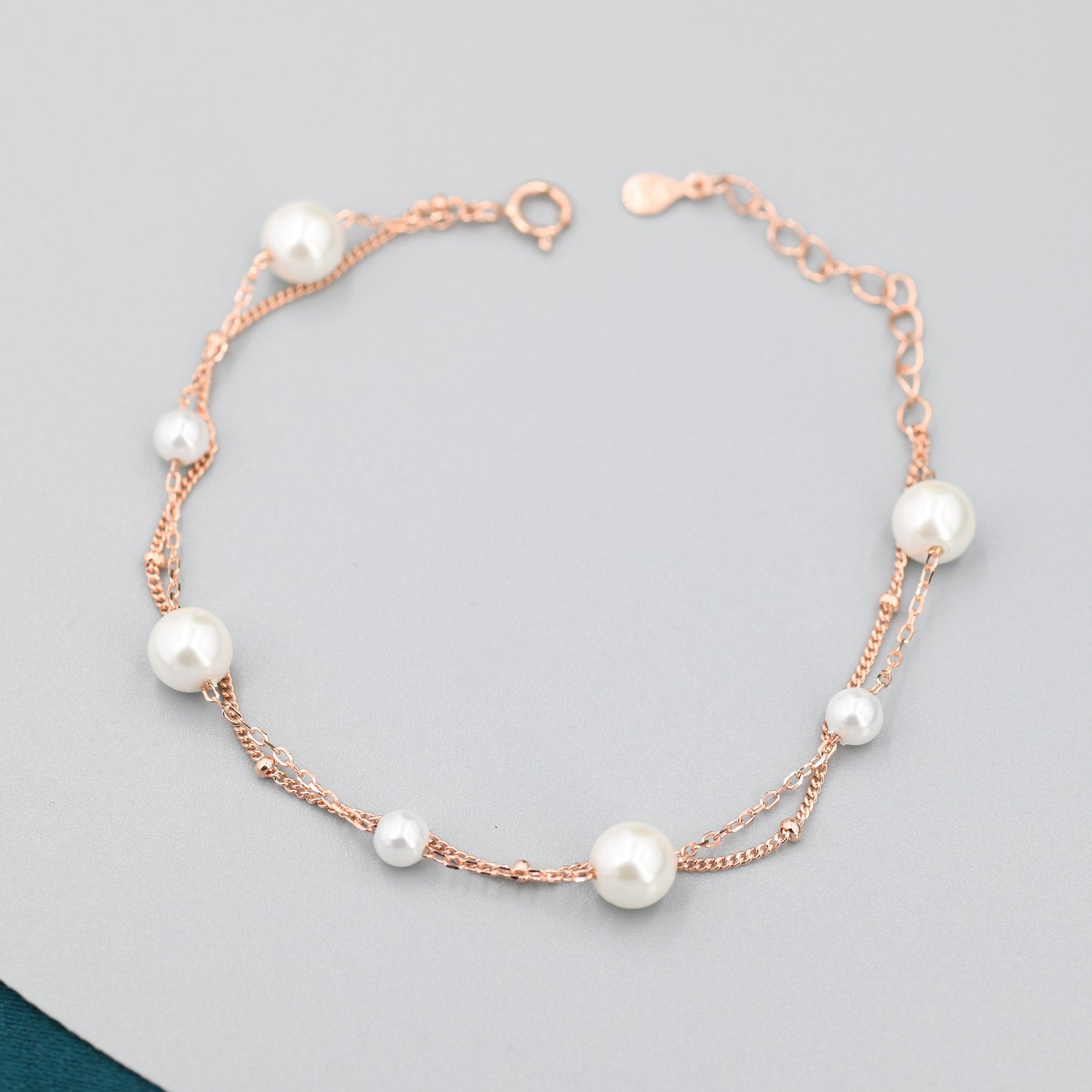 Sterling Silver Delicate Mother of Pearl Beaded Bracelet, Double Layer Pearl Bracelet, Simulated Pearl Bracelet, Two Layer