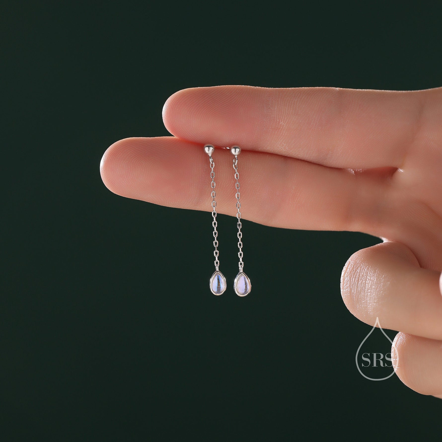 Sterling Silver Tiny Moonstone Droplet Drop Stud Earrings, Silver or Gold, Lab Moonstone Dangle Chain Earrings