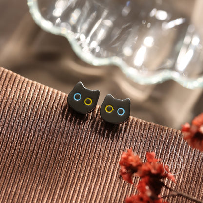 Black Odd-eyed Cat Stud Earrings in Sterling Silver, Black Rhodium Coated Cat Earrings, Cute Cat Earrings, Silver Cat Earrings,