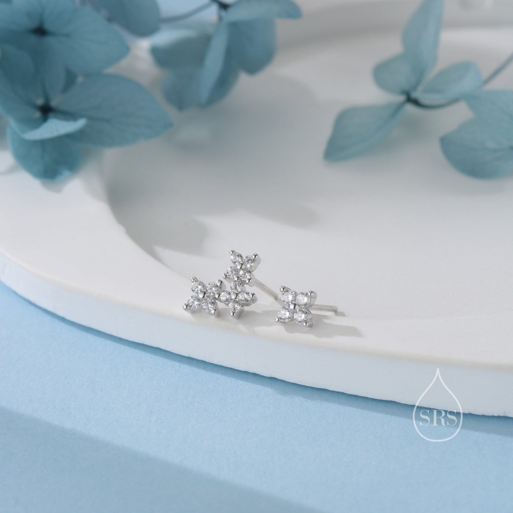 Asymmetric Hydrangea Flower Bouquet CZ Stud Earrings in Sterling Silver, Silver, Gold or Rose Gold, Mismatched CZ Flower Stud Earrings