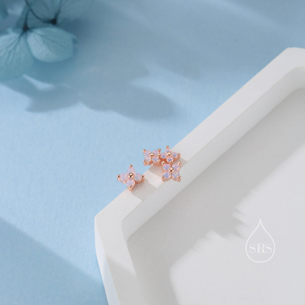 Asymmetric Hydrangea Flower Bouquet CZ Stud Earrings in Sterling Silver, Silver, Gold or Rose Gold, Mismatched Opal Pink Flower Earrings