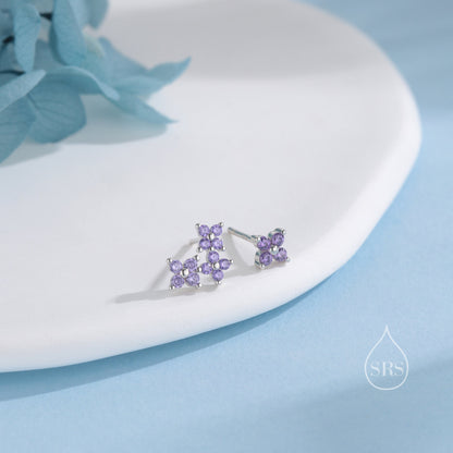 Asymmetric Hydrangea Flower Bouquet CZ Stud Earrings in Sterling Silver, Silver, Gold or Rose Gold, Mismatched Purple Flower Earrings