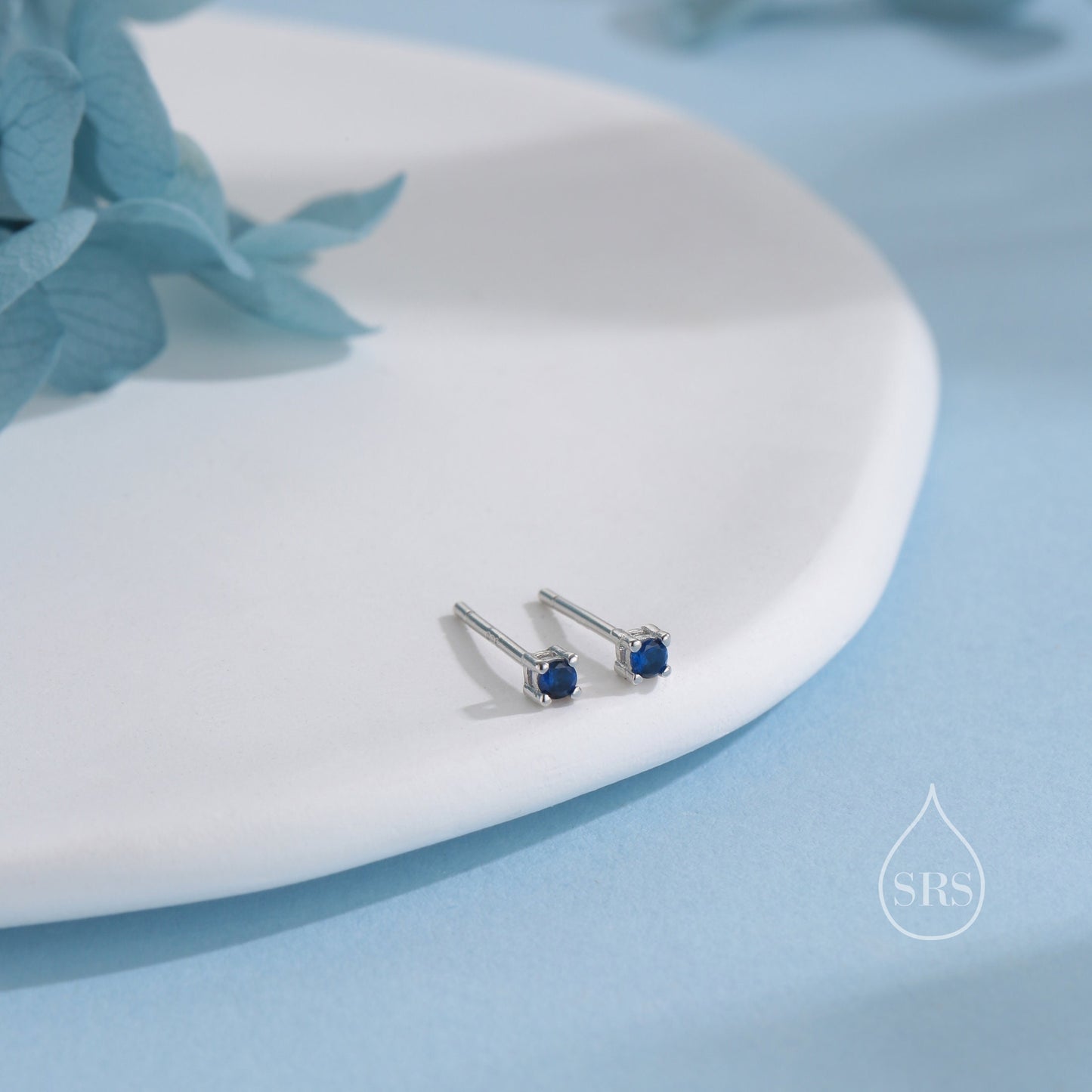 Extra Tiny 2mm Sapphire Blue CZ Stud Earrings in Sterling Silver, Silver or Gold, Barely Visible Stud Earrings, 2mm Blue Earrings