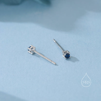 Extra Tiny 2mm Sapphire Blue CZ Stud Earrings in Sterling Silver, Silver or Gold, Barely Visible Stud Earrings, 2mm Blue Earrings