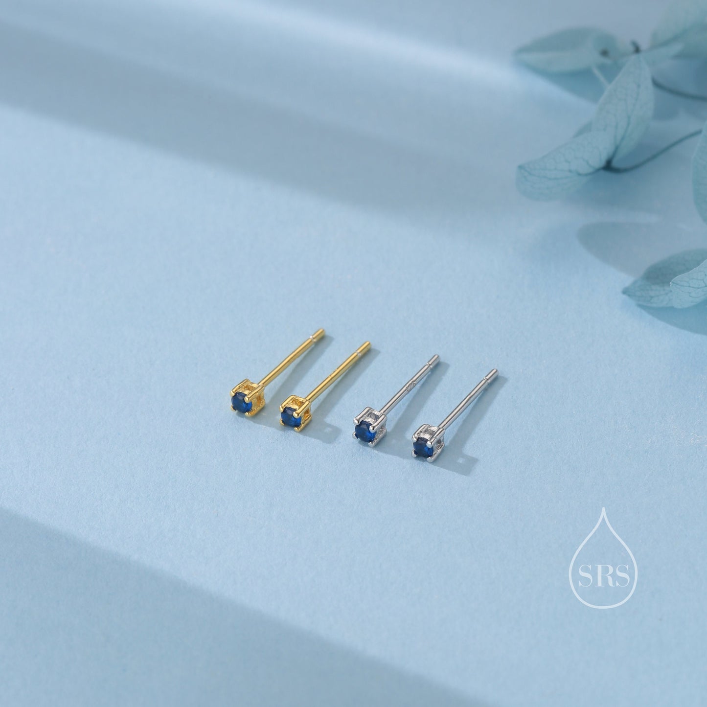 Extra Tiny 2mm Sapphire Blue CZ Stud Earrings in Sterling Silver, Silver or Gold, Barely Visible Stud Earrings, 2mm Blue Earrings