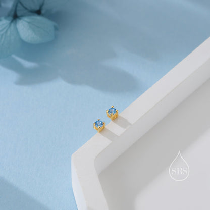 Extra Tiny 2mm Aquamarine Blue CZ Stud Earrings in Sterling Silver, Silver or Gold, Barely Visible Stud Earrings, 2mm Blue Earrings