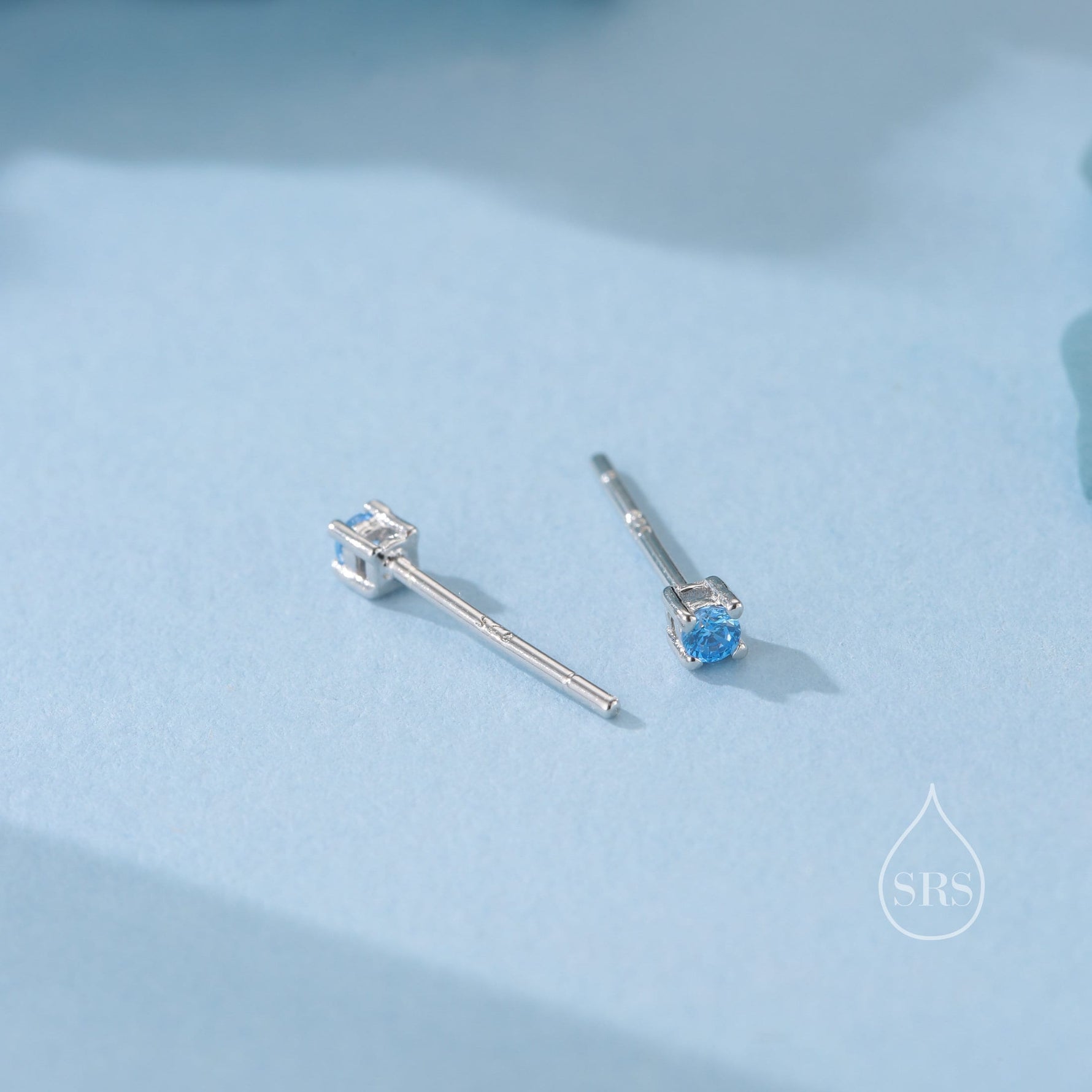 Extra Tiny 2mm Aquamarine Blue CZ Stud Earrings in Sterling Silver, Silver or Gold, Barely Visible Stud Earrings, 2mm Blue Earrings