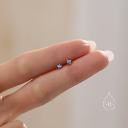 Extra Tiny 2mm Aquamarine Blue CZ Stud Earrings in Sterling Silver, Silver or Gold, Barely Visible Stud Earrings, 2mm Blue Earrings