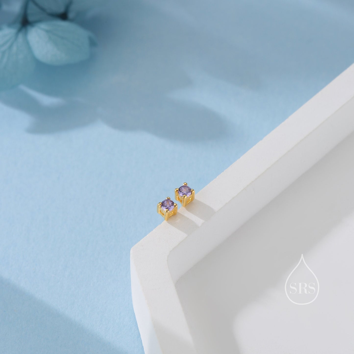 Extra Tiny 2mm Amethyst Purple CZ Stud Earrings in Sterling Silver, Silver or Gold, Barely Visible Stud Earrings, 2mm Purple Earrings