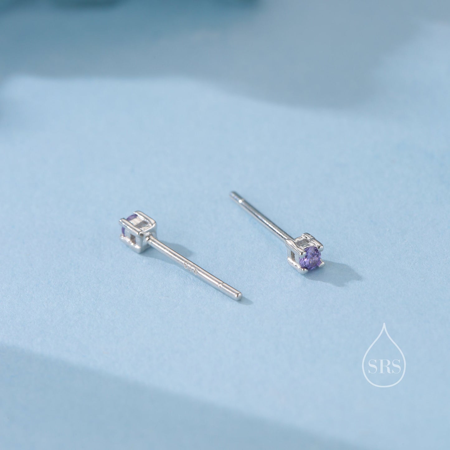 Extra Tiny 2mm Amethyst Purple CZ Stud Earrings in Sterling Silver, Silver or Gold, Barely Visible Stud Earrings, 2mm Purple Earrings