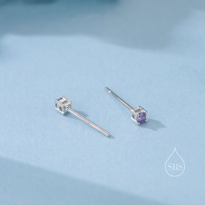 Extra Tiny 2mm Amethyst Purple CZ Stud Earrings in Sterling Silver, Silver or Gold, Barely Visible Stud Earrings, 2mm Purple Earrings