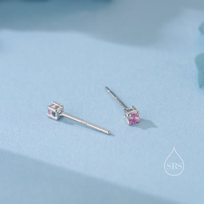 Extra Tiny 2mm Tourmaline Pink CZ Stud Earrings in Sterling Silver, Silver or Gold, Barely Visible Stud Earrings, 2mm Pink Earrings