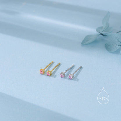 Extra Tiny 2mm Tourmaline Pink CZ Stud Earrings in Sterling Silver, Silver or Gold, Barely Visible Stud Earrings, 2mm Pink Earrings